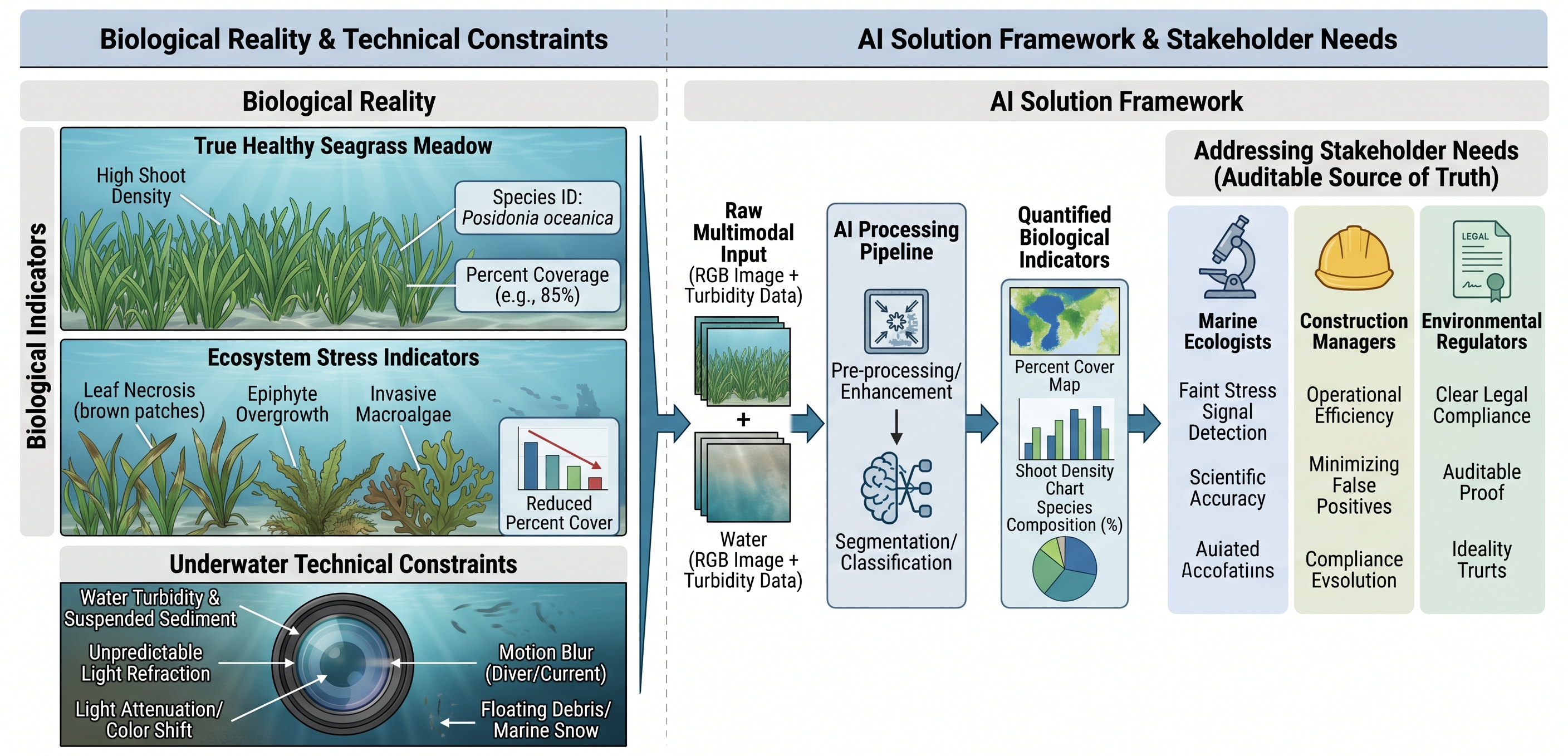 Conceptual diagram showing the translation of biological seagrass indicators (coverage, density, stress) and underwater technical constraints into an AI monitoring framework that satisfies ecological, construction, and regulatory stakeholders.