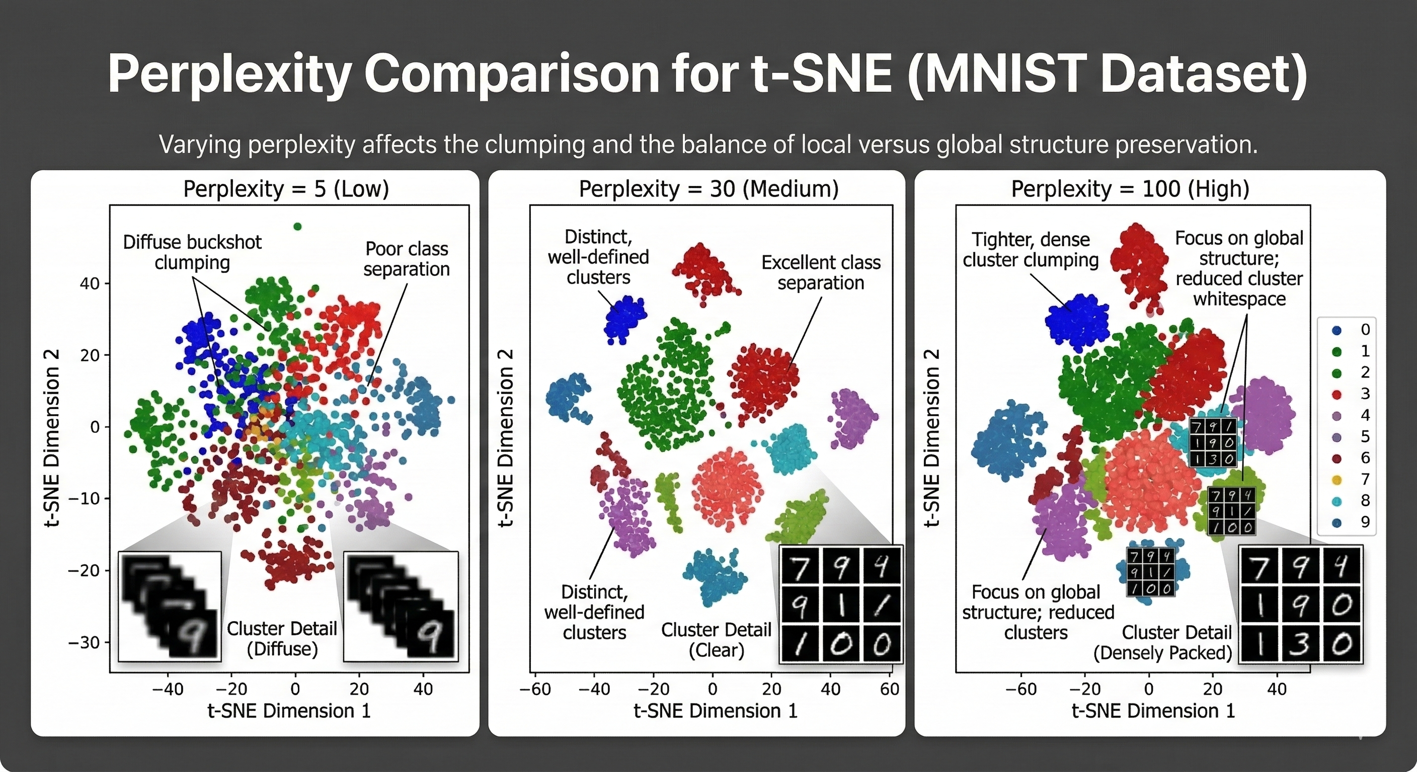 Grid showing the same dataset processed with different perplexity values, from low to high